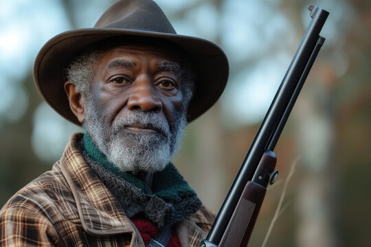 Senior African American man with a gun in his hand, ready to hunt