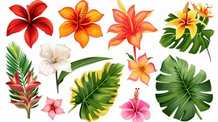 On white background, tropical flowers collection. Modern isolated elements.