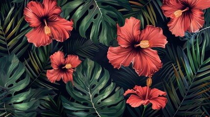 The background of this seamless tropical modern pattern is dark with bright hibiscus flowers and exotic palm leaves.