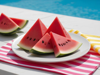 Slices of watermelon on a plate near the pool edge on a sunny summer day.