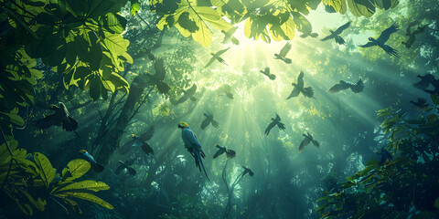Birds flying over a lush forest canopy their vibrant plumage contrasting against the lush green foliage. - obrazy, fototapety, plakaty