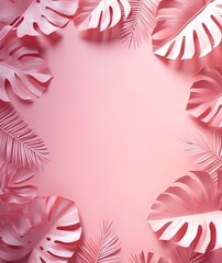 Fototapeta na wymiar Pink Background with Cutout Leaves