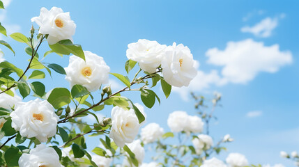 white bush roses on a background of blur sky in the sunny bright day