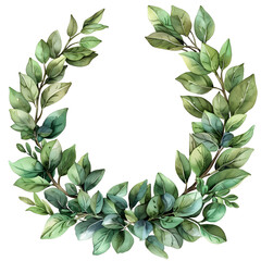 A wreath made of evergreen terrestrial plant leaves, twigs, and flowering plants on a white background. Perfect as a Christmas decoration or as a porcelain dishware ornament