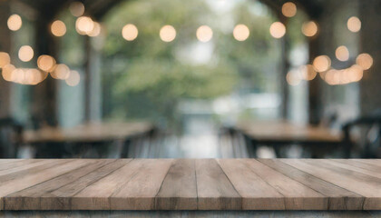 Empty wooden tabletop with lights bokeh on blur restaurant background - Powered by Adobe