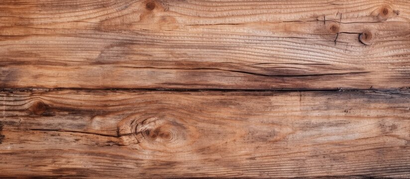 A closeup shot of a rectangular brown hardwood table with a wood stain finish, sitting on a beige floor. The background is blurred, highlighting the grain of the wood plank