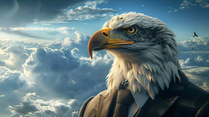 A majestic eagle in a business suit soaring high above the clouds - obrazy, fototapety, plakaty