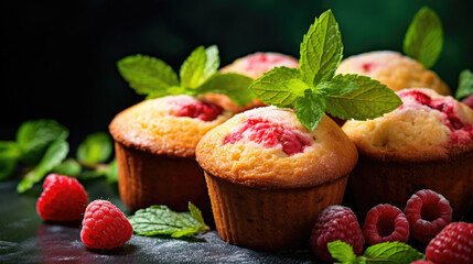 Cake Muffin cupcakes surrounded by sugar, fresh raspberries fruit and mint leaves on a wooden table created with Generative AI Technology - obrazy, fototapety, plakaty