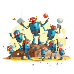 A group of robots character play a friendly game - obrazy, fototapety, plakaty