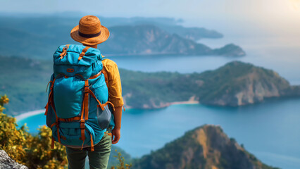 Alleinreisender Wanderer mit Rucksack und Hut betrachtet auf Berggipfel die Aussicht auf Küstenlandschaft, Aktivurlaub - obrazy, fototapety, plakaty