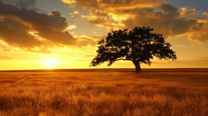A lone oak tree stands tall in the middle of an expansive field, with golden wheat swaying gently.