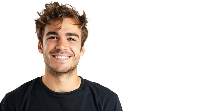 A young adult with tousled hair grinning wearing a simple black t-shirt, against white