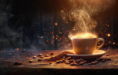 A warm, inviting cup of coffee emits steam on a rustic wooden table amidst scattered coffee beans, with a bokeh light backdrop - obrazy, fototapety, plakaty