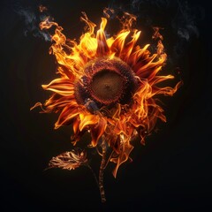 Sunflower Made of Flames and Fire, Isolated on Black. An Illustration made in part with  Generative AI.
