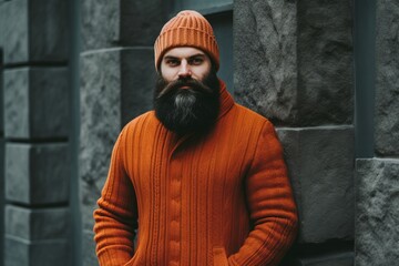 Bearded man, long beard. Brutal caucasian hipster with moustache in orange sweater and hat outdoor on grey background