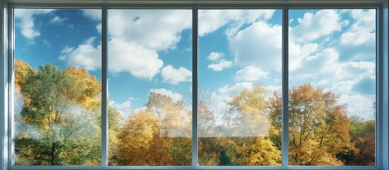 A picturesque natural landscape unfolds through a glass facade, showcasing towering trees in the foreground against a backdrop of a blue sky dotted with fluffy cumulus clouds