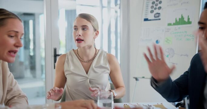 Meeting, argument and serious with business people fighting in boardroom of office for conflict resolution. Anxiety, conflict or stress with man and woman employee team in workplace for mediation