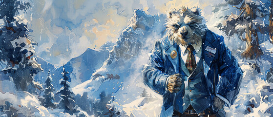 watercolor A business-suited yeti blending mystery with market acumen - obrazy, fototapety, plakaty