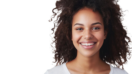 Vivacious young woman with a bright smile and curly hair, wearing a white t-shirt on a white background
