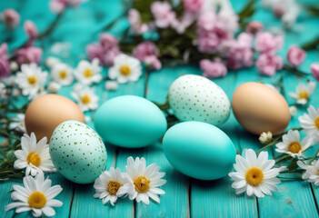 Obraz na płótnie Canvas design focus background Easter eggs Selective Place empty tag wooden Decorative flowers text turquoise Flower Wood Ribbon Spring Space Concept Happy Blue