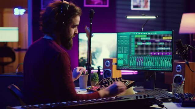Music engineer using usb stick to edit and add sound effects on audio recording, adjusted volume levels. Artist doing mixing and mastering technique on soundboard, plays piano. Camera A.