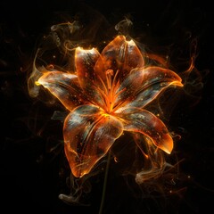 Lily Made of Flames and Fire, Isolated on Black. An Illustration made in part with  Generative AI.
