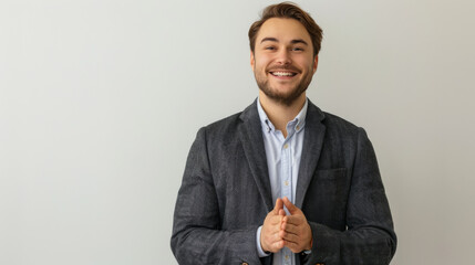 A happy, casually dressed young man with a blazer smiling and clapping his hands against a light background