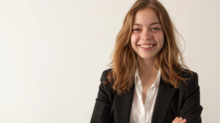 A joyful teenage girl with a bright smile wearing a smart blazer and white shirt on a white backdrop