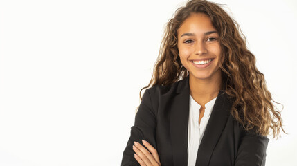A young woman with curly hair in a professional black blazer smiling confidently against a white background