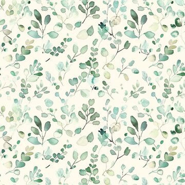 This pattern weaves a serene tableau with soft green eucalyptus leaves in watercolor, offering a seamless backdrop that whispers calm and tranquility.
