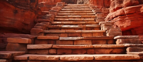 A set of stairs made of hardwood leading up to a cliff, blending harmoniously with the brickwork of the building materials