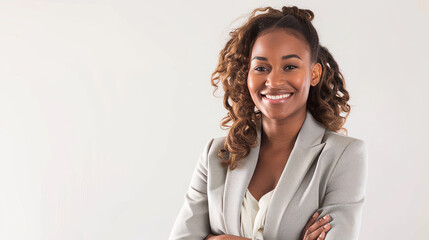 An African-American woman with curly hair, wearing an elegant suit, smiling in a light studio