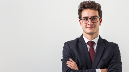 A young businessman with curly hair, wearing a formal suit and glasses, posing with a subtle smile - obrazy, fototapety, plakaty