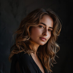 A portrait of a woman with wavy hair and a serene look, set against a moody, dark background
