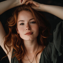 A relaxed woman with redhead and a serene expression lying down on a dark background