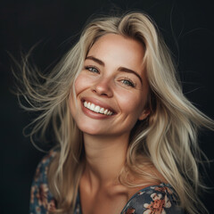 Joyful blonde woman with a spontaneous laugh and windswept hair against a dark background