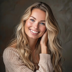 Radiant blonde woman with a bright smile, posing in a cozy beige sweater against a textured background