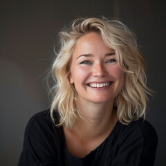 Portrait of a blonde woman with soft curls, wearing a black top, and smiling with a playful expression