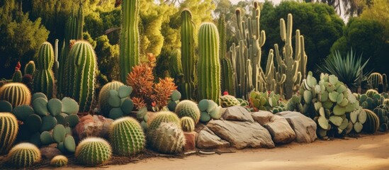 This garden features a variety of cacti, which are terrestrial plants known for their unique shapes and ability to thrive in arid conditions