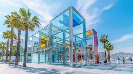 Malaga Pompidou Center, located in Malaga, Spain, opened its doors on March 28, 2015. Housed in El Cubo, a glass cuboid structure in Malaga port, this Pop-Up Pompidou offers a unique art experience. - obrazy, fototapety, plakaty