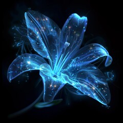 Lily Made of Blue Flames and Fire, Isolated on Black. An Illustration made in part with  Generative AI.
