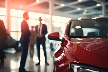 Luxury Red Car Showcased in Dealership with Potential Buyers in Background, Automotive Sales Concept