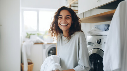 Smiling Woman Enjoying Laundry Time in Bright Home Interior, Casual Lifestyle Concept - obrazy, fototapety, plakaty