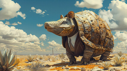 Obraz premium Whimsical armadillo in a suit rolling towards financial success