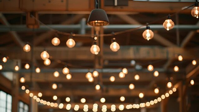 A warehousestyle event venue is illuminated by rows of industrial track lights mounted on exposed wooden beams giving the space an edgy and industrial feel.