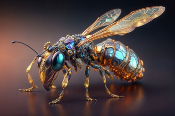 illustration of a bee made of gold and blue glass. - obrazy, fototapety, plakaty