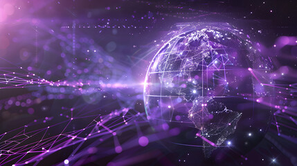 A partially transparent globe with animated water and energy cycles, with a tech grid overlay, against a deep purple background.