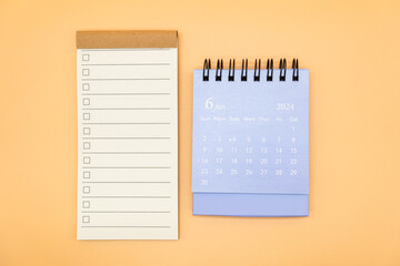 Blank to do list for text with checkbox and Simple desk calendar on JUNE 2024. Empty Check list. Copy Space. isolated background. To do list in June 2024.