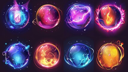 Spheres with mystic glow, lightning and sparks. Modern animation set of glowing orbs with light effect, liquid plasma and fire. Fantasy shiny circles for game design.