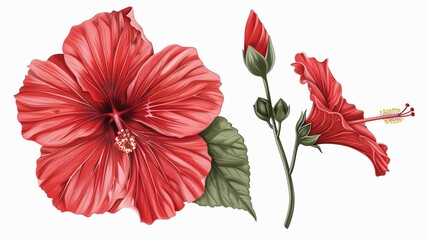 Floral bud, bloom, stamens and petals of red hibiscus flower. Floral drawing in realistic vintage style with detailed tropical blooms. Drawn modern illustration isolated on white background.